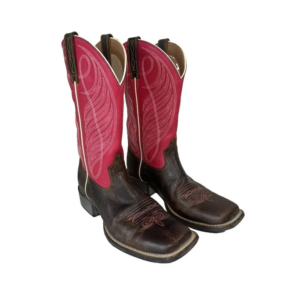 Ariat Round Up Square Toe Western Boot Size 9  style 10016319 Brown/Pink